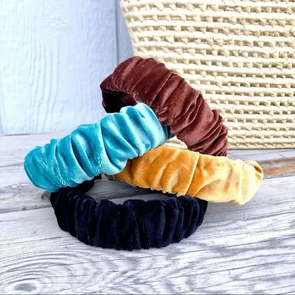 NEW! Soft Gathered Ruffled Gold Mustard Yellow Velvet Structured Wide Headband - Picture 3 of 7